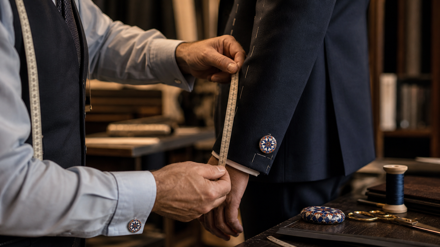 Tailor measuring a bespoke jacket sleeve in atelier